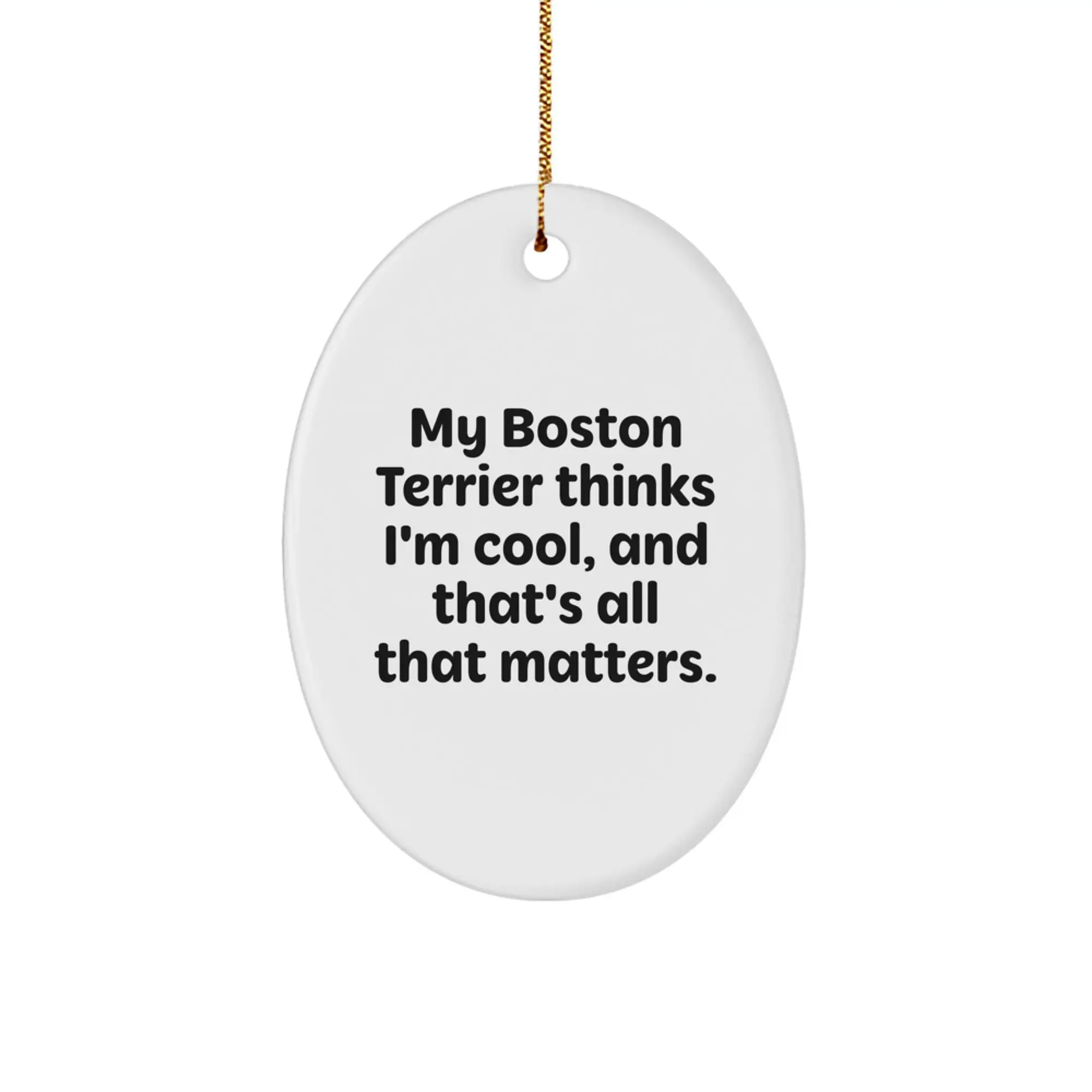 Boston Terrier Dog Oval Ornament Funny Quote Gifts for Men from Family, Christmas Unique Gifts for Boston Terrier Lovers, 'My Boston Terrier Thinks I'm Cool' Ornament - Image 1