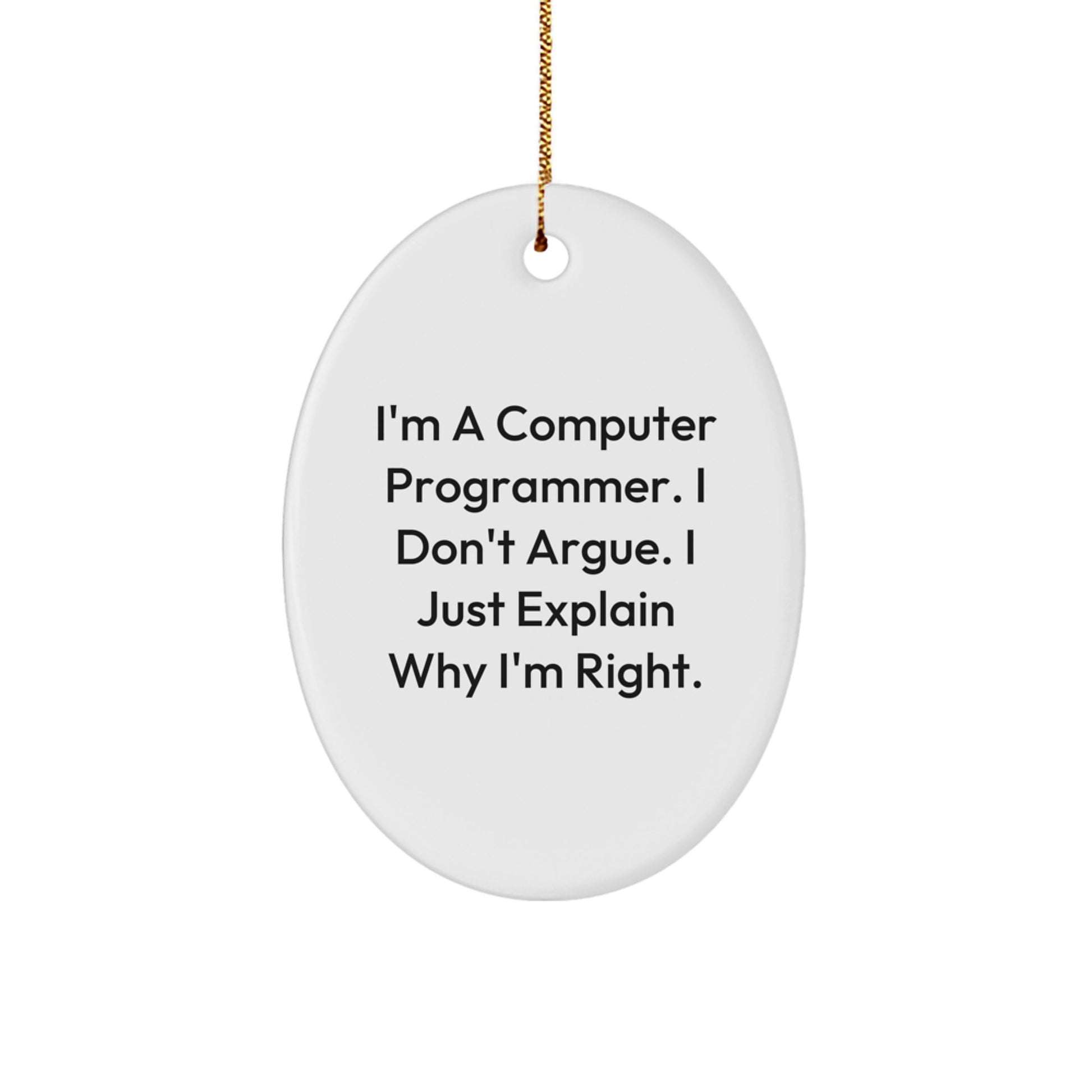 Computer Programmer Christmas Oval Ornament Gifts from Friends and Family - Funny Quote 'I'm A Computer Programmer. I Don't Argue. I Just Explain Why I'm Right.' - Image 1