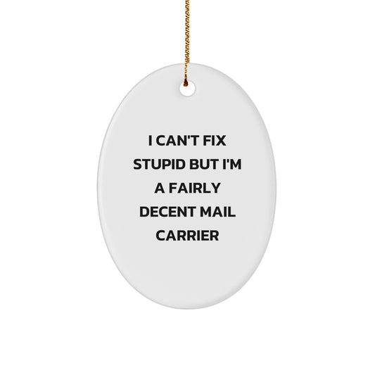 Funny Mail Carrier Oval Ornament for Gifts from Friends, Family, or Coworkers - 'I Can't Fix Stupid But I'm A Fairly Decent Mail Carrier' Christmas Unique Gifts - Image 1