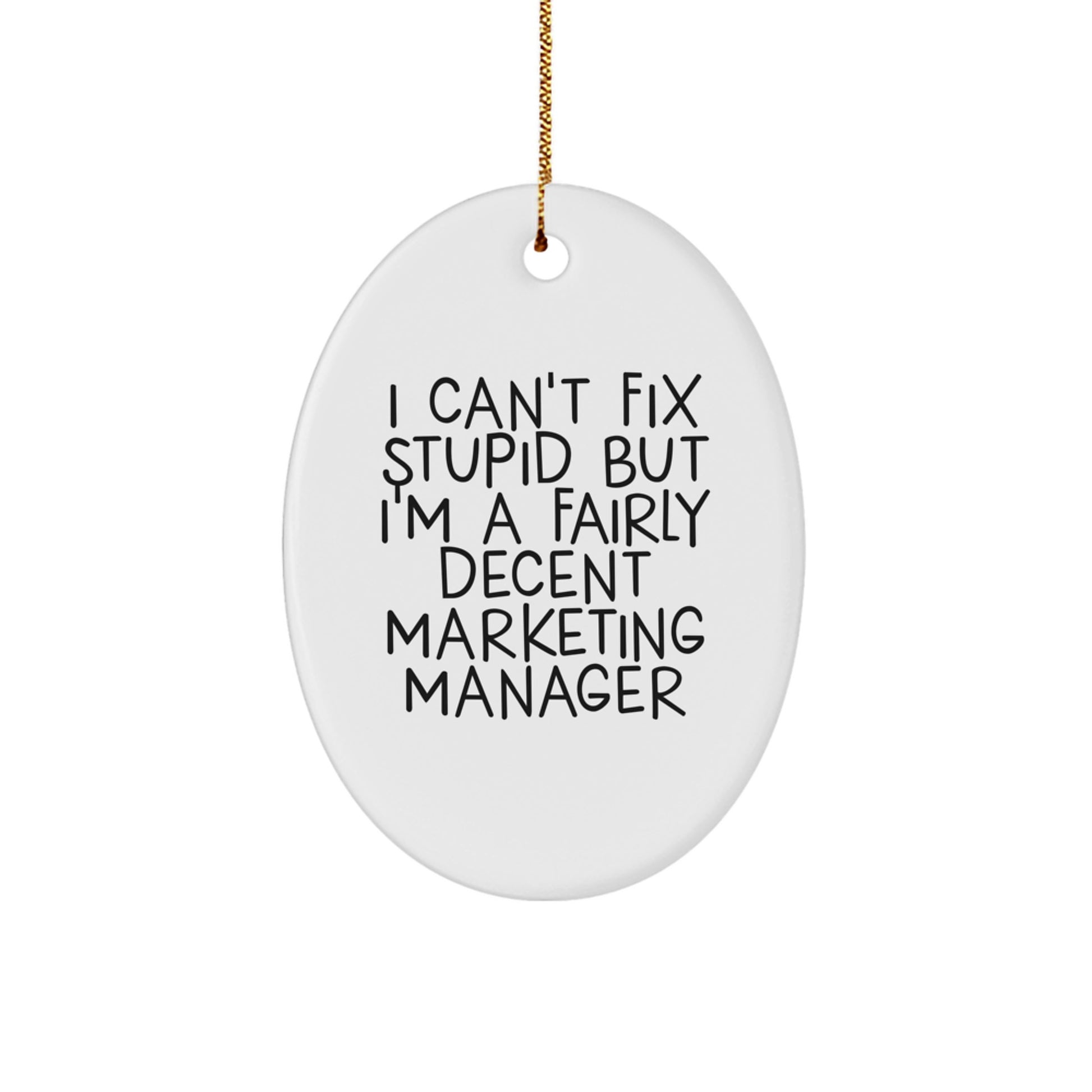Funny Marketing Manager Gifts from Friends for Men Unique Oval Ornament, 'I Can't Fix Stupid But I'm A Fairly Decent Marketing Manager' Christmas Decorations for Office - Image 1