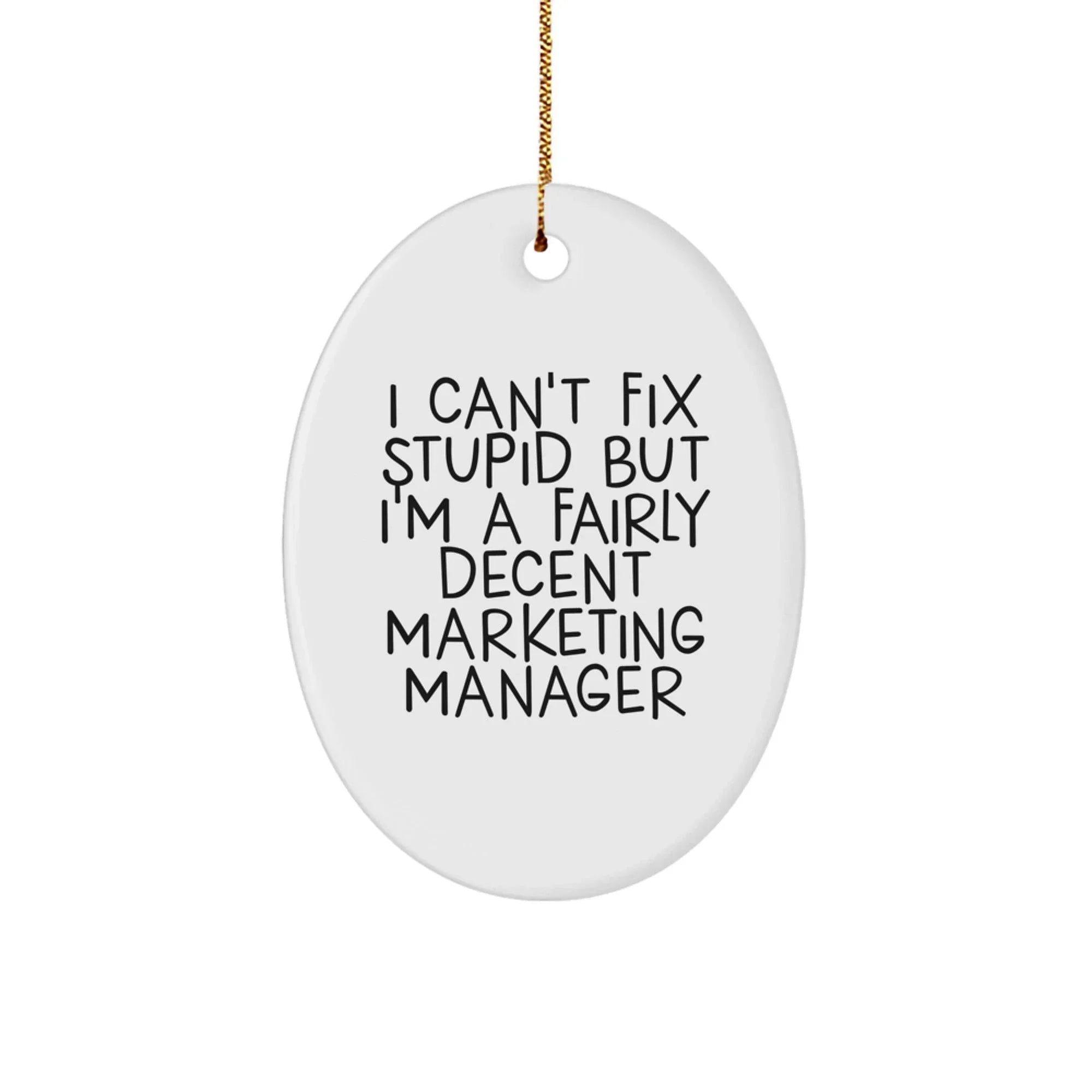 Funny Marketing Manager Gifts from Friends for Men Unique Oval Ornament, 'I Can't Fix Stupid But I'm A Fairly Decent Marketing Manager' Christmas Decorations for Office