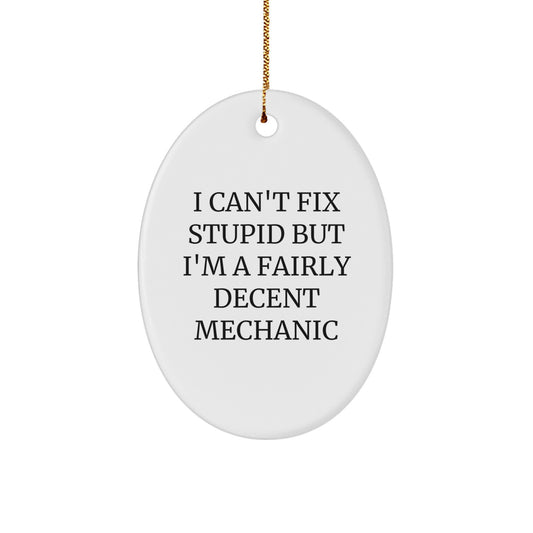 Funny Mechanic Gifts for Men, Oval Ornament, I Can't Fix Stupid But I'm A Fairly Decent Mechanic, Christmas Unique Gift Ideas from Friends - Image 1