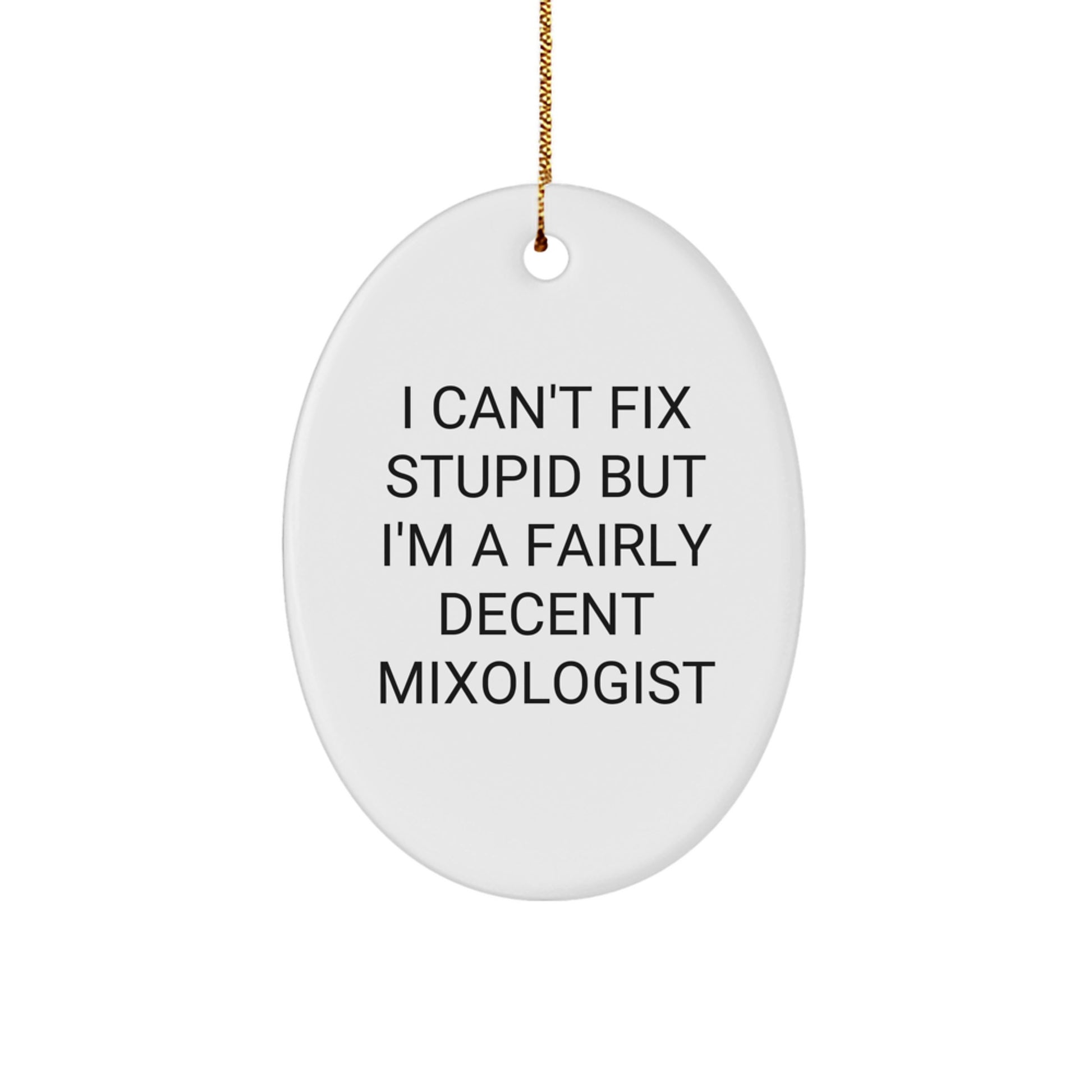 Funny Mixologist Gifts for Men from Friends - Oval Ornament, White, Christmas Unique Gifts - 'I Can't Fix Stupid But I'm A Fairly Decent Mixologist' - Image 1