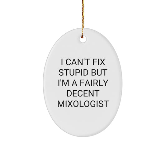 Funny Mixologist Gifts for Men from Friends - Oval Ornament, White, Christmas Unique Gifts - 'I Can't Fix Stupid But I'm A Fairly Decent Mixologist' - Image 1