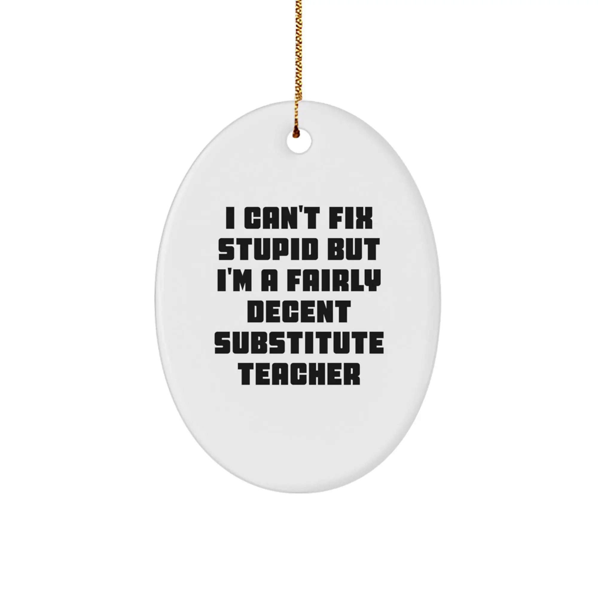 Funny Substitute Teacher Gifts for Men - I Can't Fix Stupid Oval Ornament, Christmas Unique Gifts from Men to Friends, Family and Colleagues - Image 1