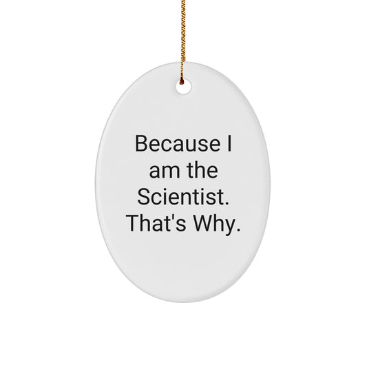 Scientist Gifts from Friends, Gifts for Scientist, Oval Ornament, Funny Quote, 'Because I Am The Scientist. That's Why.' - Image 1