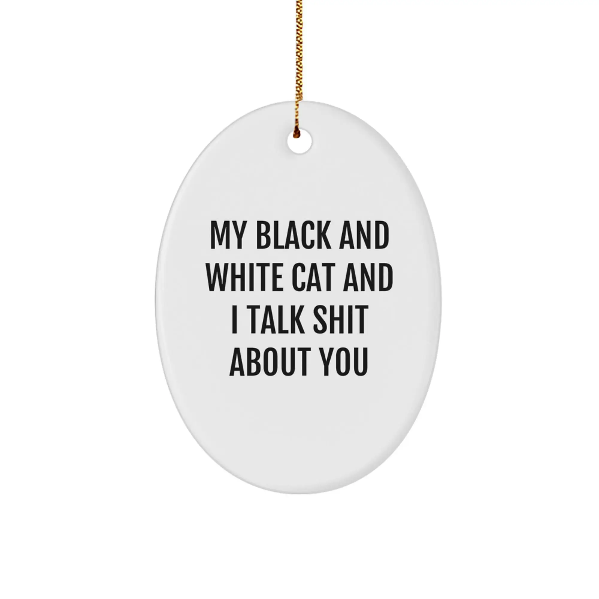 Funny Black and White Cat Oval Ornament Gifts from Friends to Family for Christmas - Image 1
