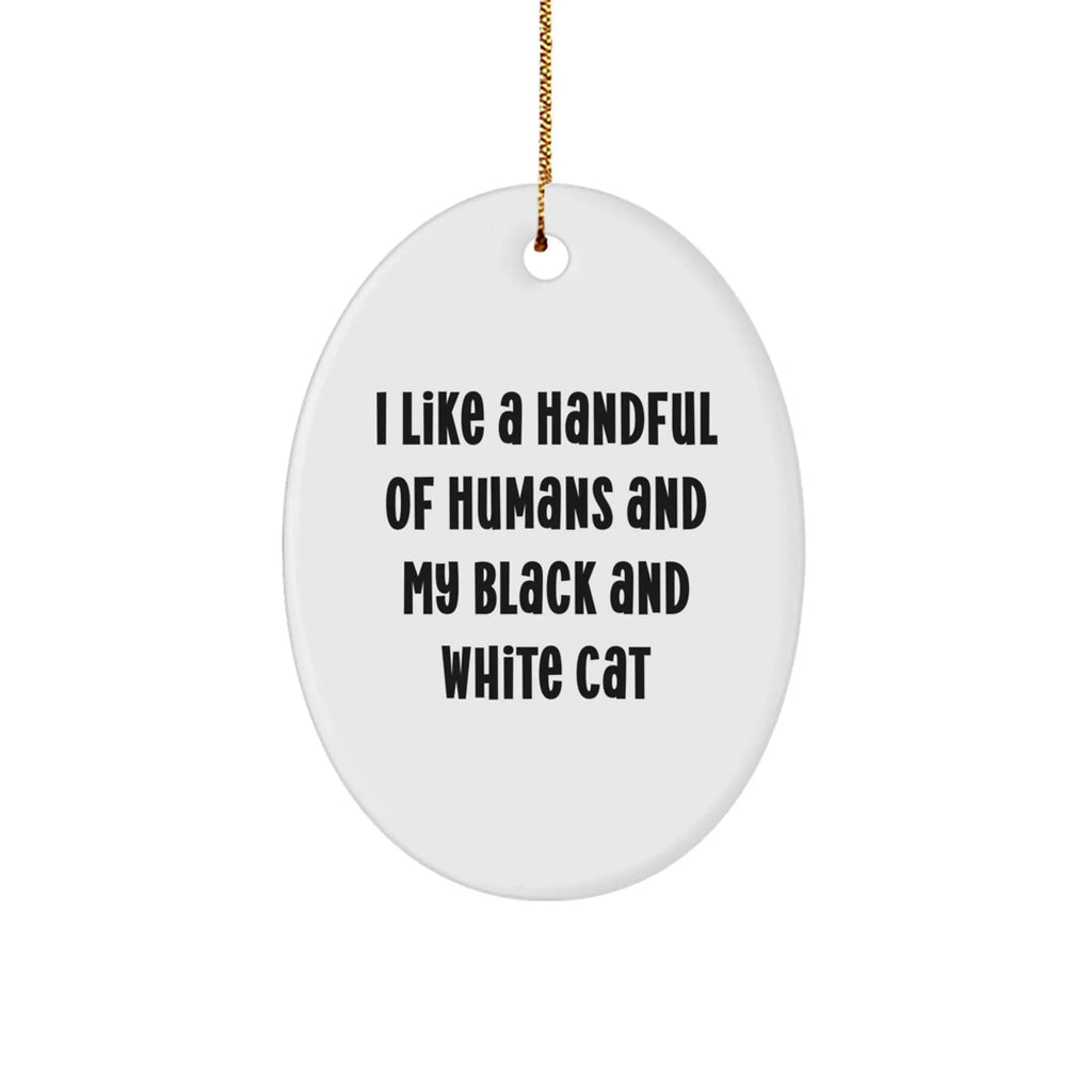 Funny Black and White Cat Oval Christmas Ornament with 'I Like A Handful Of Humans And My Black And White Cat' Quote
