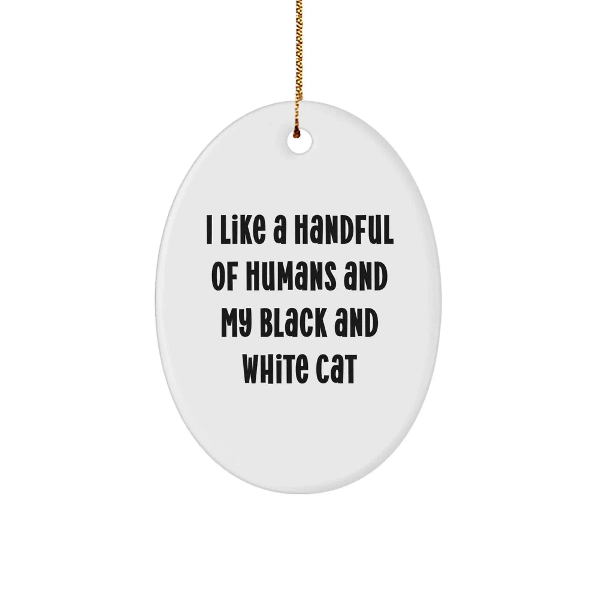 Funny Black and White Cat Oval Christmas Ornament with 'I Like A Handful Of Humans And My Black And White Cat' Quote