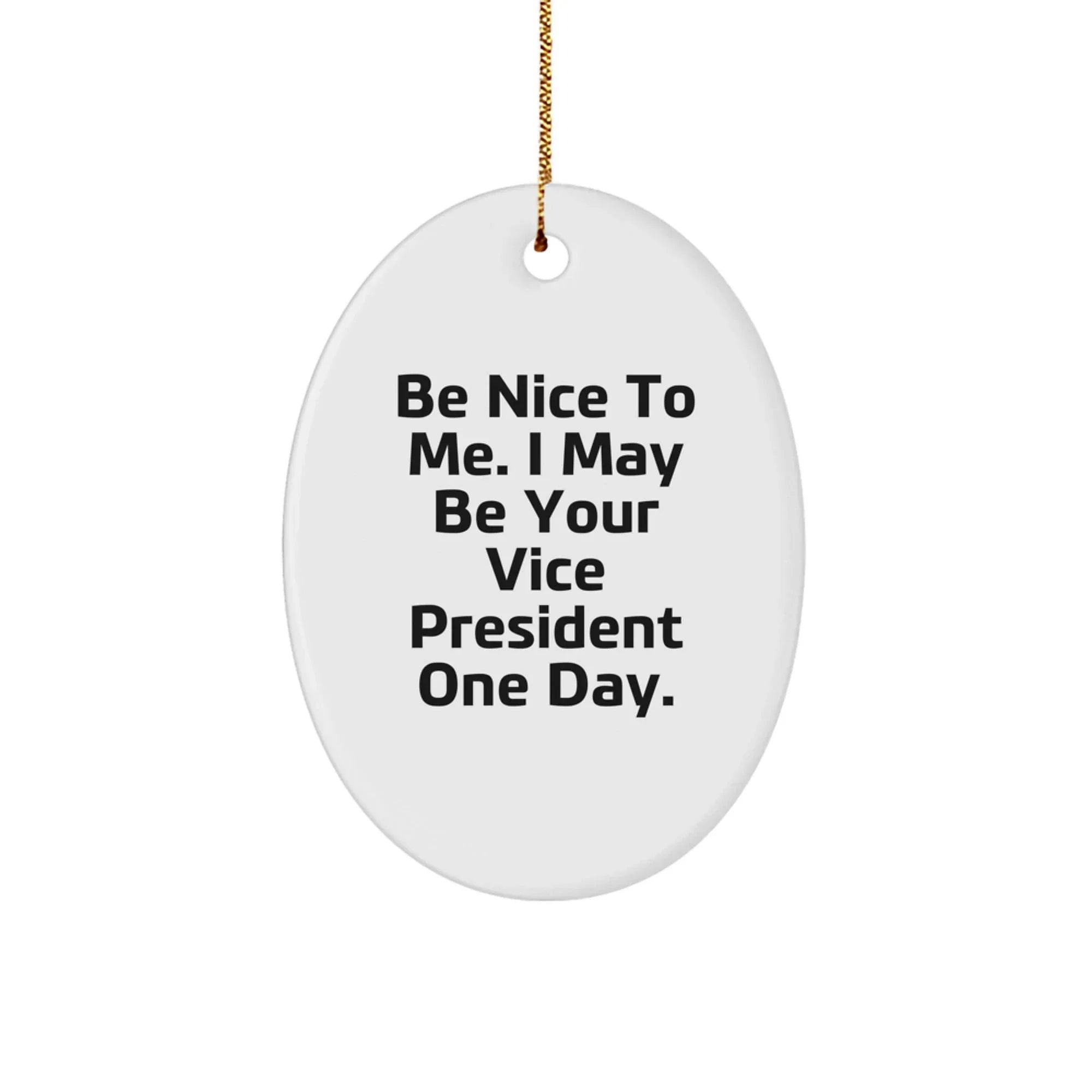 Funny Vice President Oval Ornament Gifts for Men or Women, 'Be Nice To Me. I May Be Your Vice President One Day.', White Oval Shaped, Christmas Unique Gifts from Friends or Coworkers