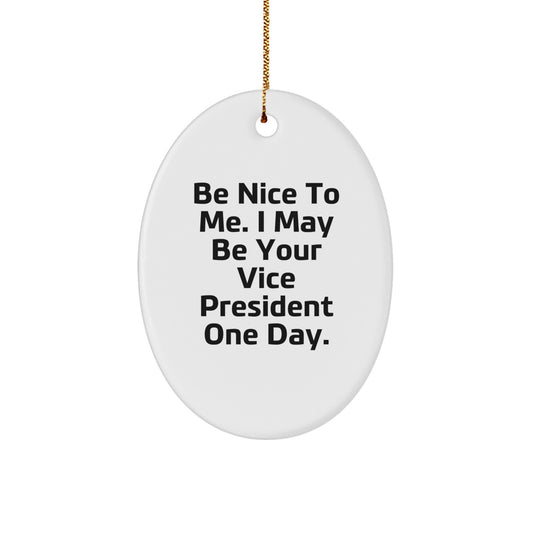 Funny Vice President Oval Ornament Gifts for Men or Women, 'Be Nice To Me. I May Be Your Vice President One Day.', White Oval Shaped, Christmas Unique Gifts from Friends or Coworkers