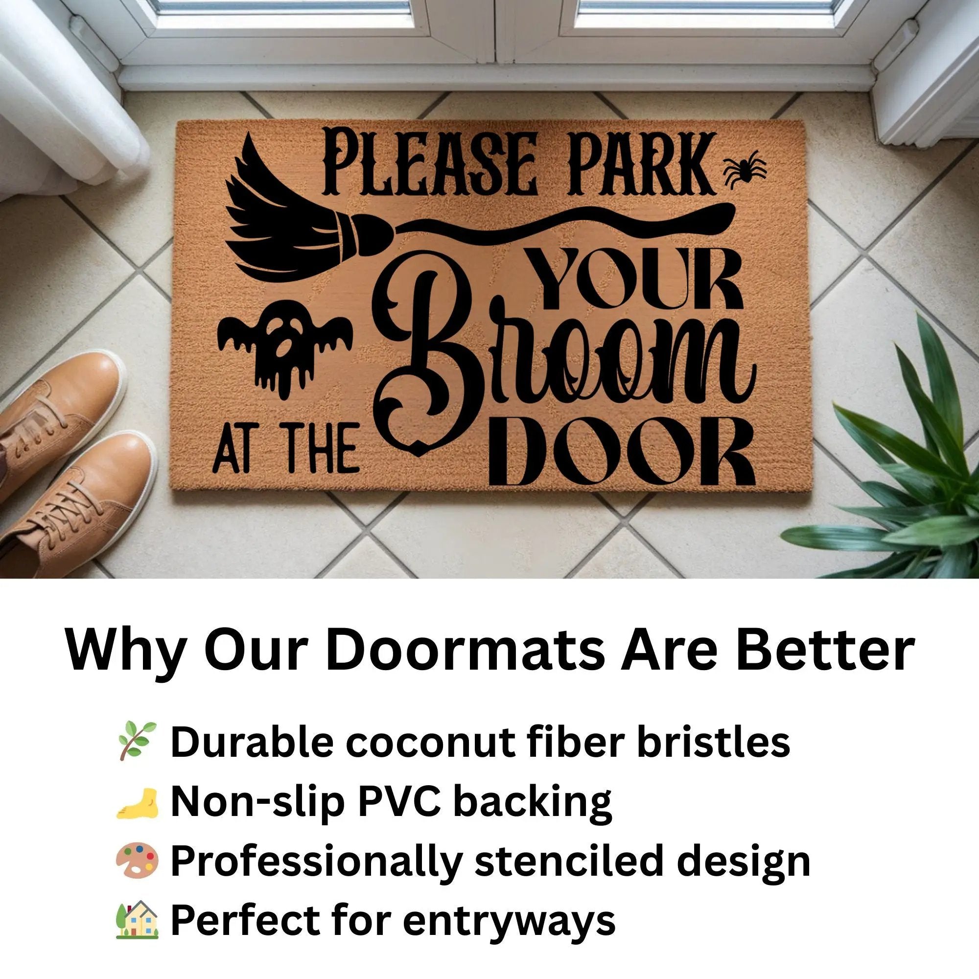 Please Park Your Broom at the Door Coir Doormat – Witchy Halloween Welcome Mat | Funny Fall Porch Decor | Rustic Farmhouse Entryway Rug