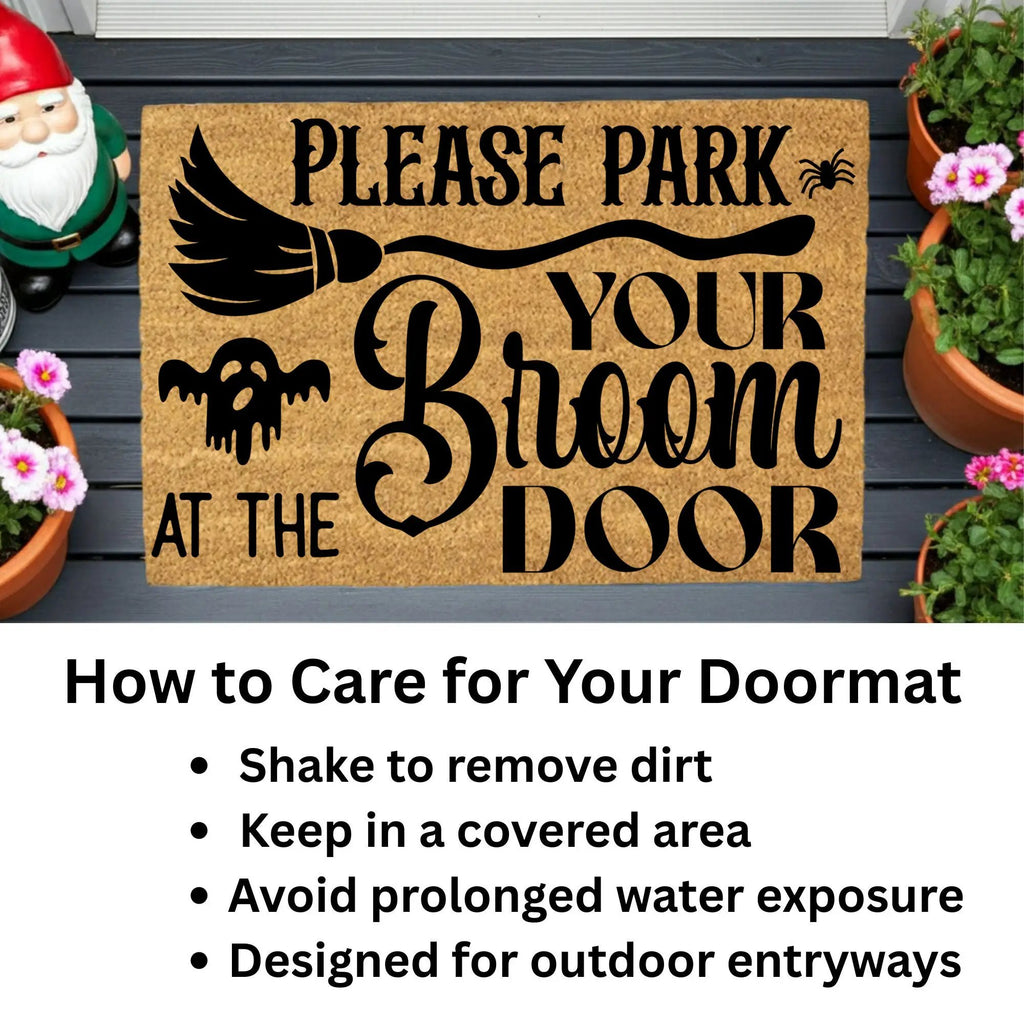 Please Park Your Broom at the Door Coir Doormat – Witchy Halloween Welcome Mat | Funny Fall Porch Decor | Rustic Farmhouse Entryway Rug