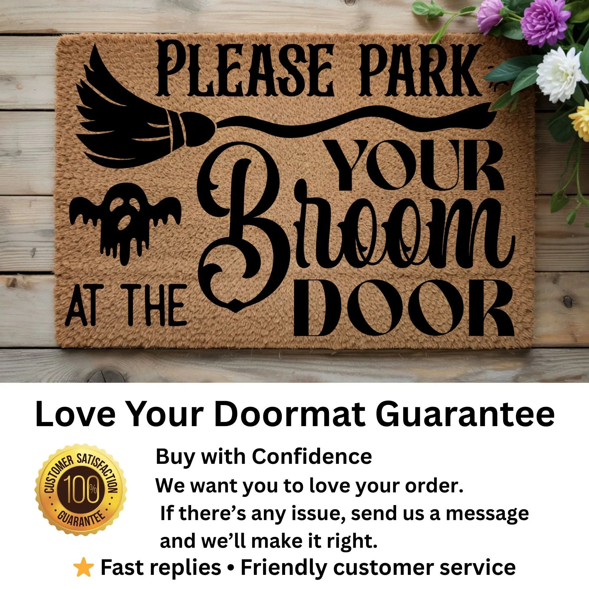 Please Park Your Broom at the Door Coir Doormat – Witchy Halloween Welcome Mat | Funny Fall Porch Decor | Rustic Farmhouse Entryway Rug