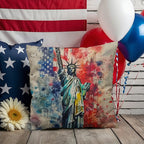 Statue of Liberty American Flag Pillow – Patriotic Indoor Outdoor Throw Pillow – USA Freedom Decor – Red White Blue Cushion – Americana Home Accent