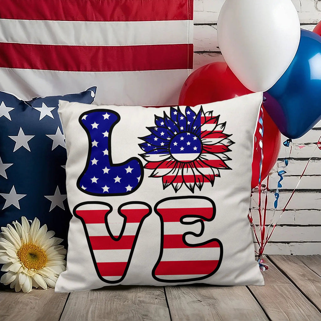 Patriotic Love Pillow, USA Flag Sunflower Throw Pillow, Indoor Outdoor Polyester Cushion, 4th of July Home Decor, American Flag Accent Pillow