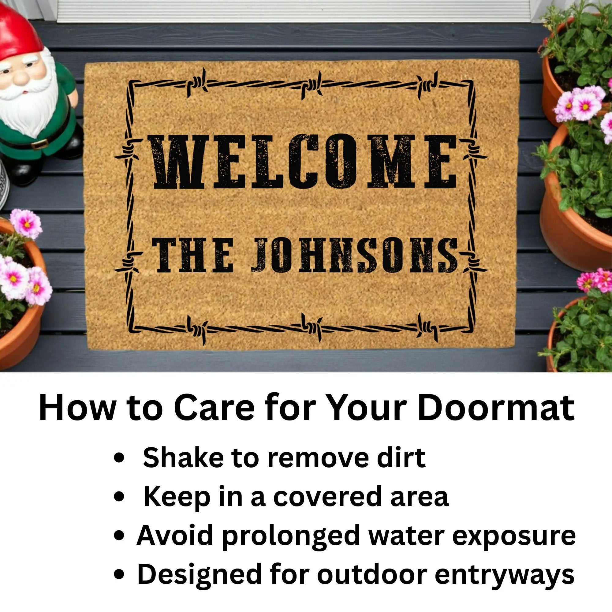 Personalized Western Welcome Doormat with Barbed Wire Frame – Custom Family Name Ranch-Style Outdoor Entrance Mat