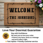 Personalized Western Welcome Doormat with Barbed Wire Frame – Custom Family Name Ranch-Style Outdoor Entrance Mat