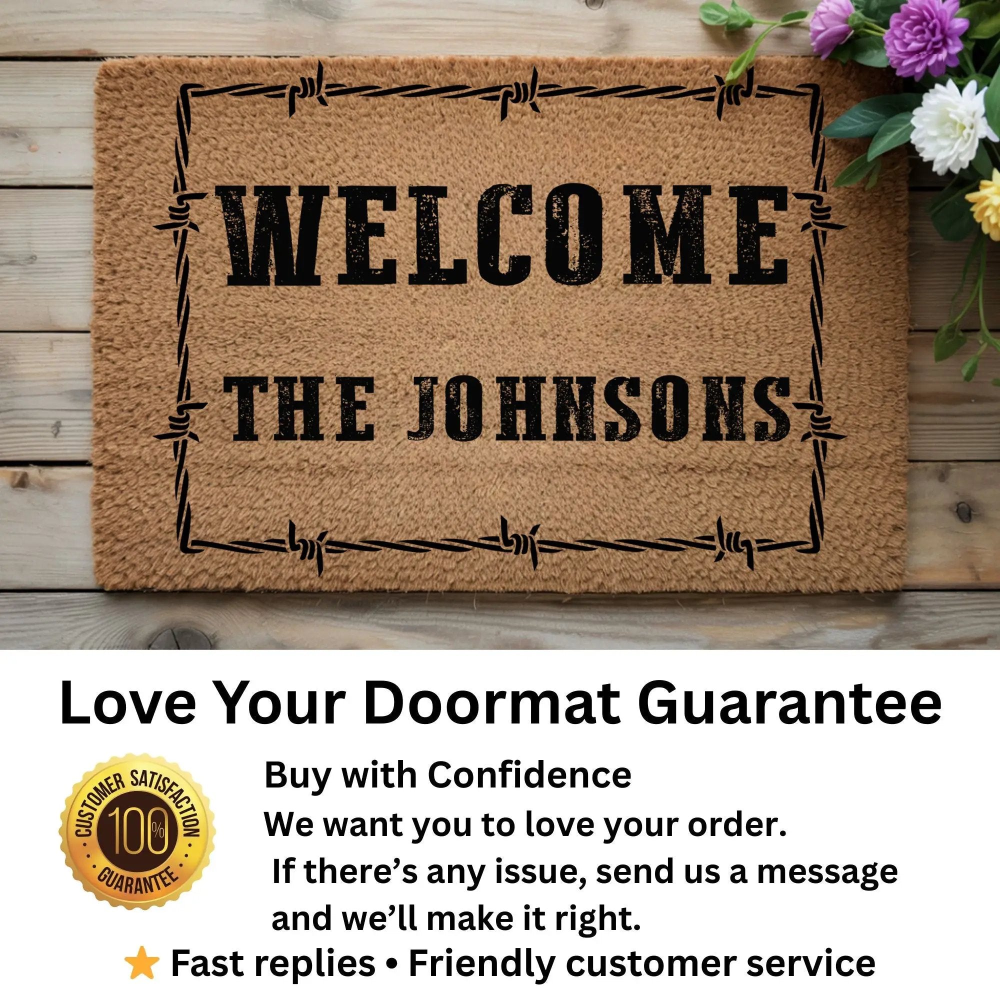 Personalized Western Welcome Doormat with Barbed Wire Frame – Custom Family Name Ranch-Style Outdoor Entrance Mat