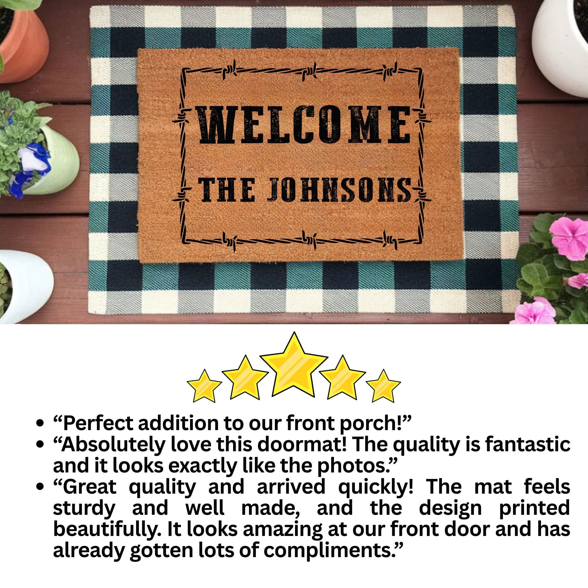 Personalized Western Welcome Doormat with Barbed Wire Frame – Custom Family Name Ranch-Style Outdoor Entrance Mat