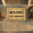 Personalized Western Welcome Doormat with Barbed Wire Frame – Custom Family Name Ranch-Style Outdoor Entrance Mat