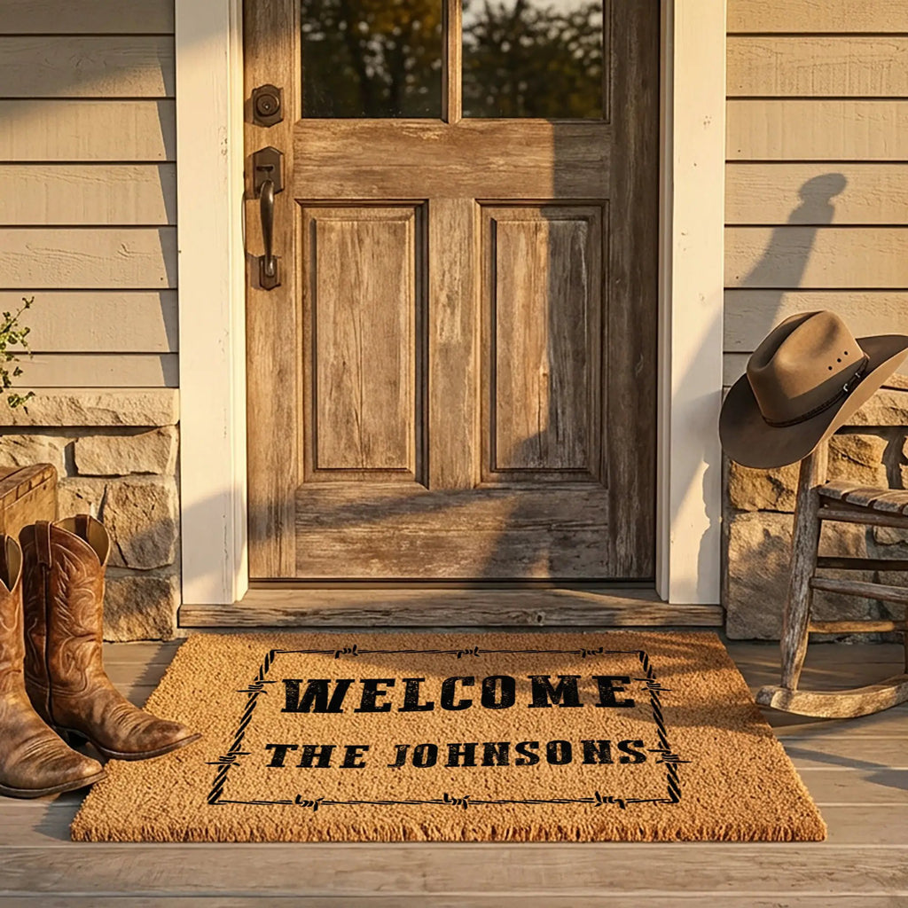 Personalized Western Welcome Doormat with Barbed Wire Frame – Custom Family Name Ranch-Style Outdoor Entrance Mat