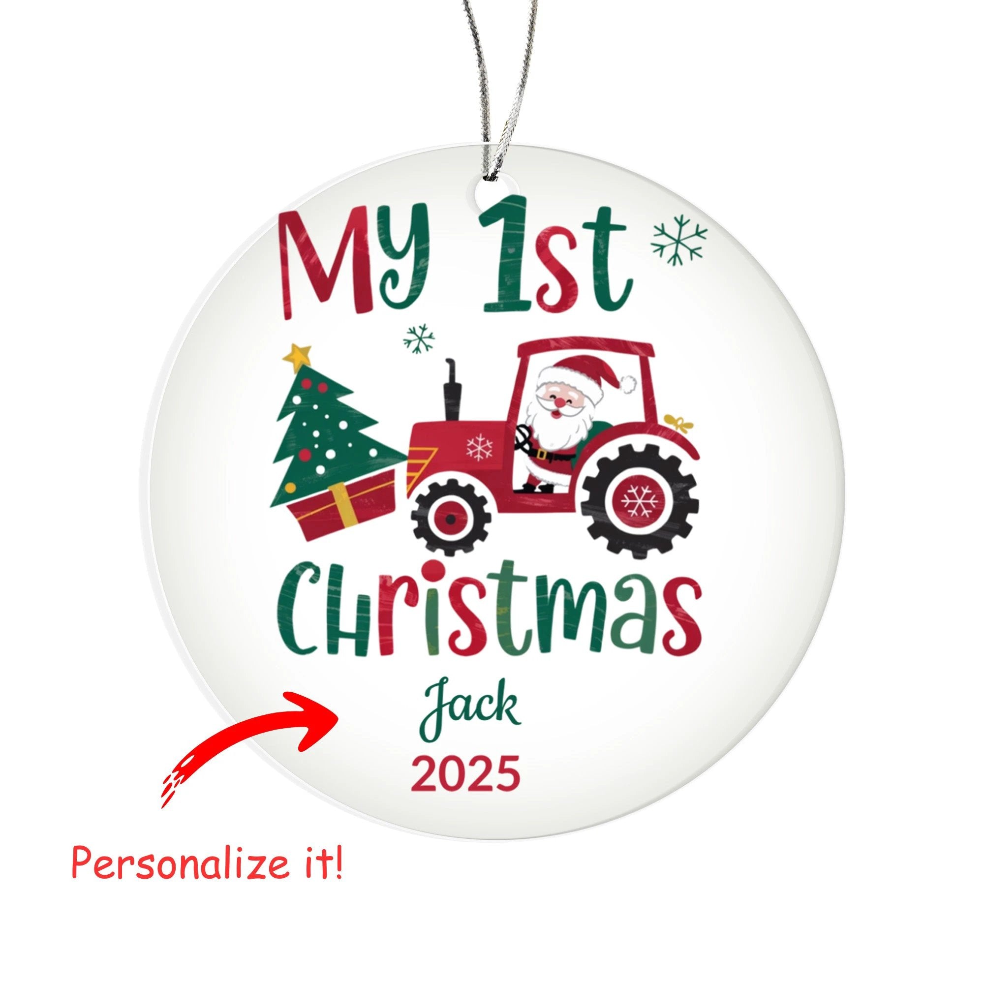 Personalized My 1st Christmas Acrylic Ornament with Name and Year – Santa Tractor Baby's First Christmas Keepsake Gift