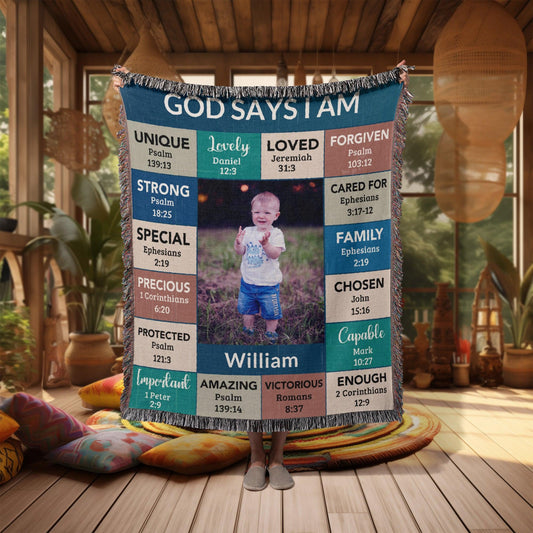 Personalized Photo and Name - God Says I Am Loved Gift for Son, Grandson, Godson Heirloom Woven Blanket - Mallard Moon Gift Shop