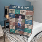 Personalized Photo and Name - God Says I Am Loved Gift for Son, Grandson, Godson Heirloom Woven Blanket