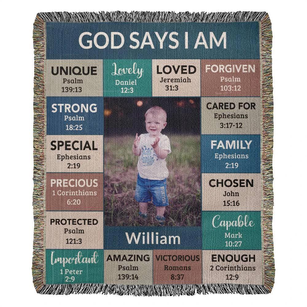 Personalized Photo and Name - God Says I Am Loved Gift for Son, Grandson, Godson Heirloom Woven Blanket
