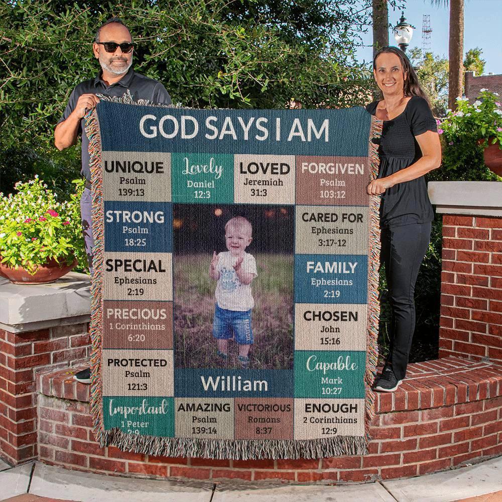 Personalized Photo and Name - God Says I Am Loved Gift for Son, Grandson, Godson Heirloom Woven Blanket