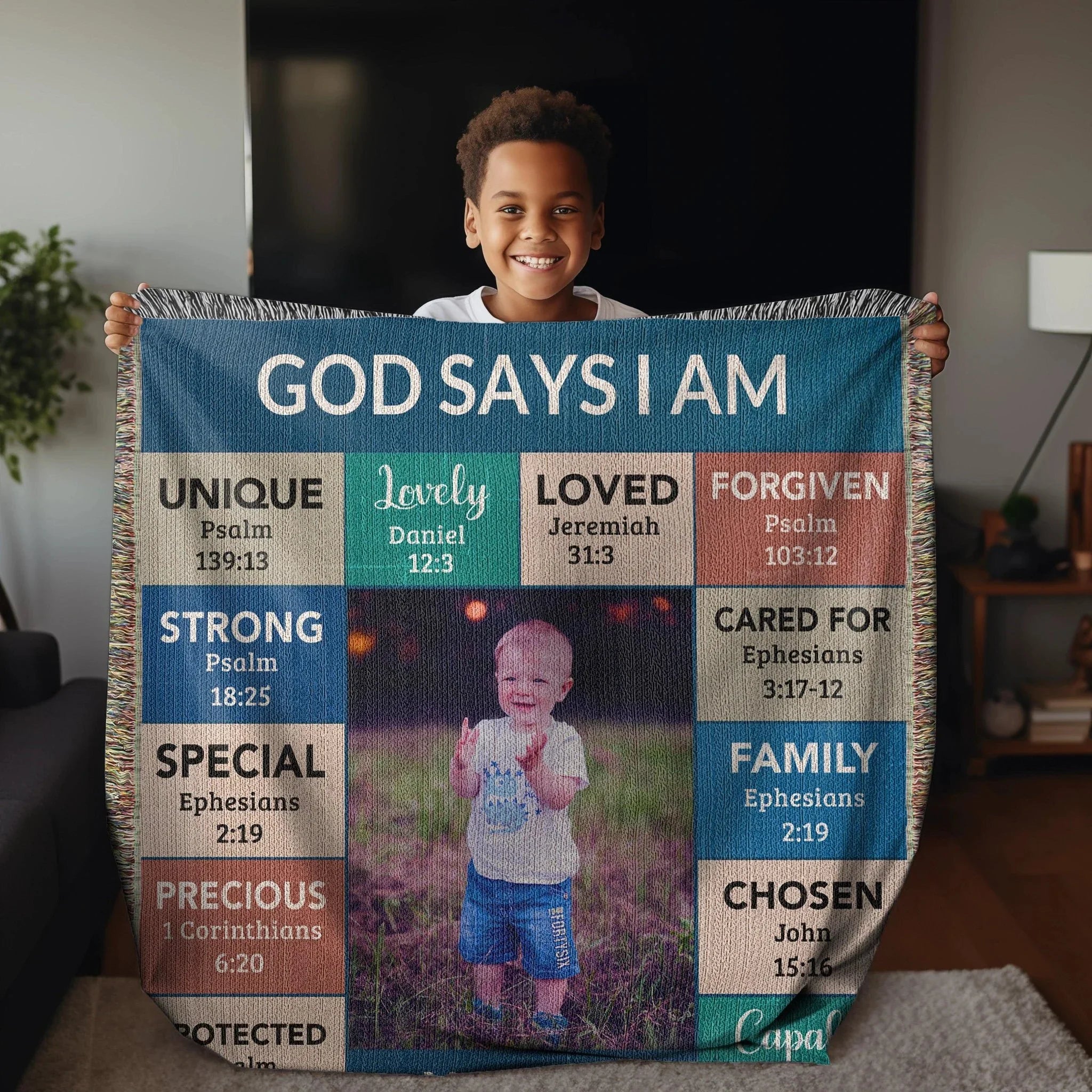 Personalized Photo and Name - God Says I Am Loved Gift for Son, Grandson, Godson Heirloom Woven Blanket