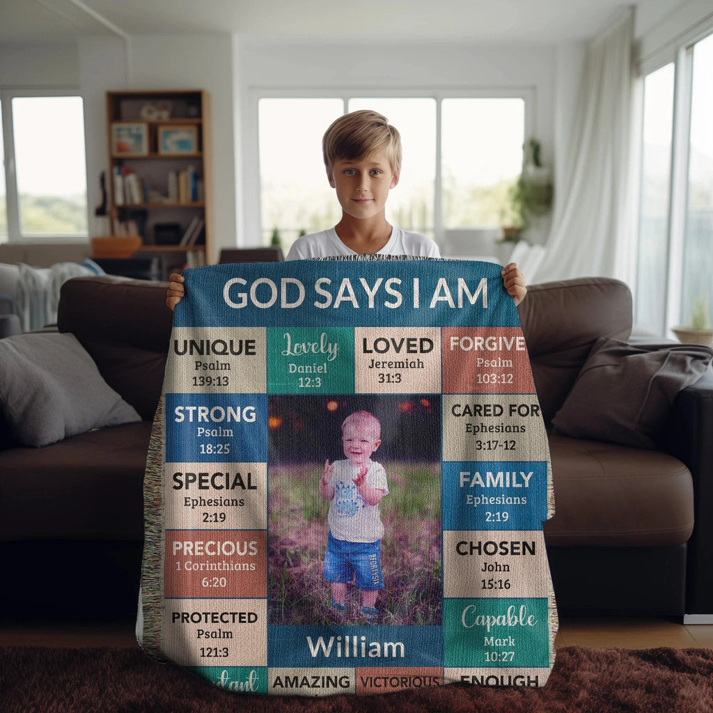 Personalized Photo and Name - God Says I Am Loved Gift for Son, Grandson, Godson Heirloom Woven Blanket