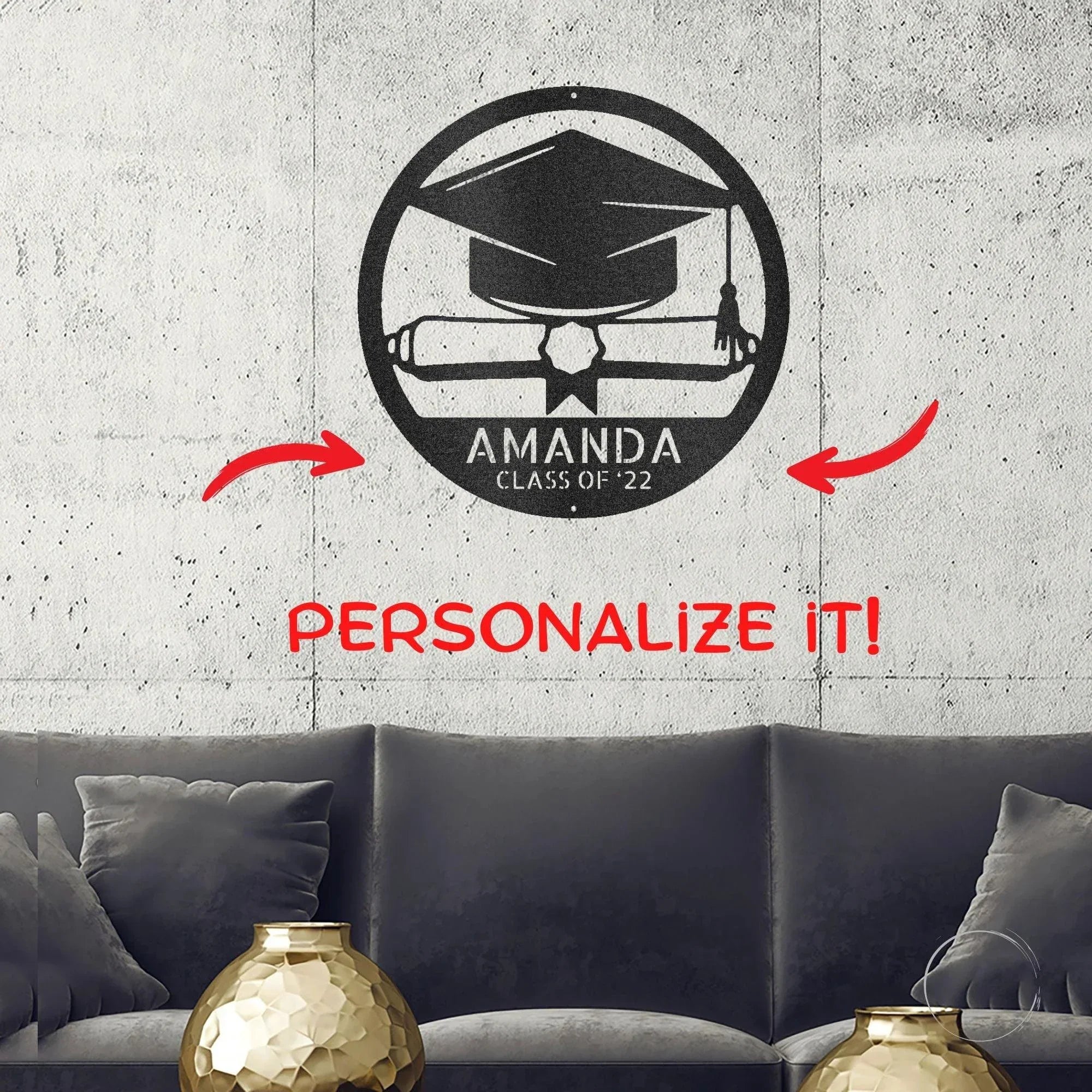 Graduation Cap and Diploma Custom Name Metal Art Wall Sign