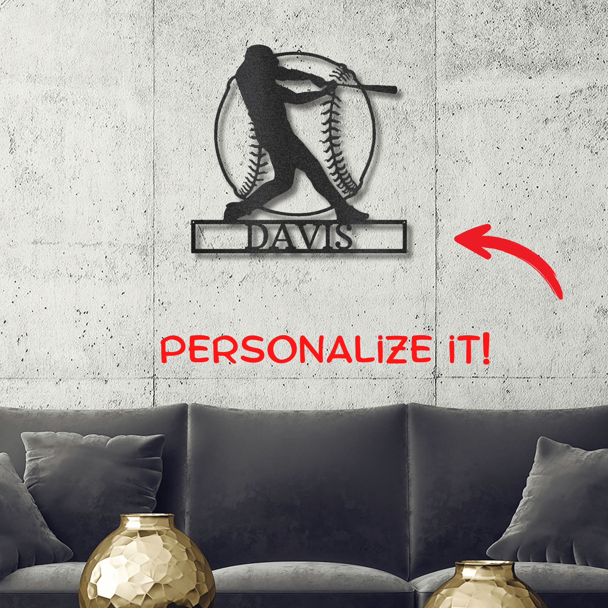 Baseball Batter Custom Name Metal Art Wall Sign - Mallard Moon Gift Shop