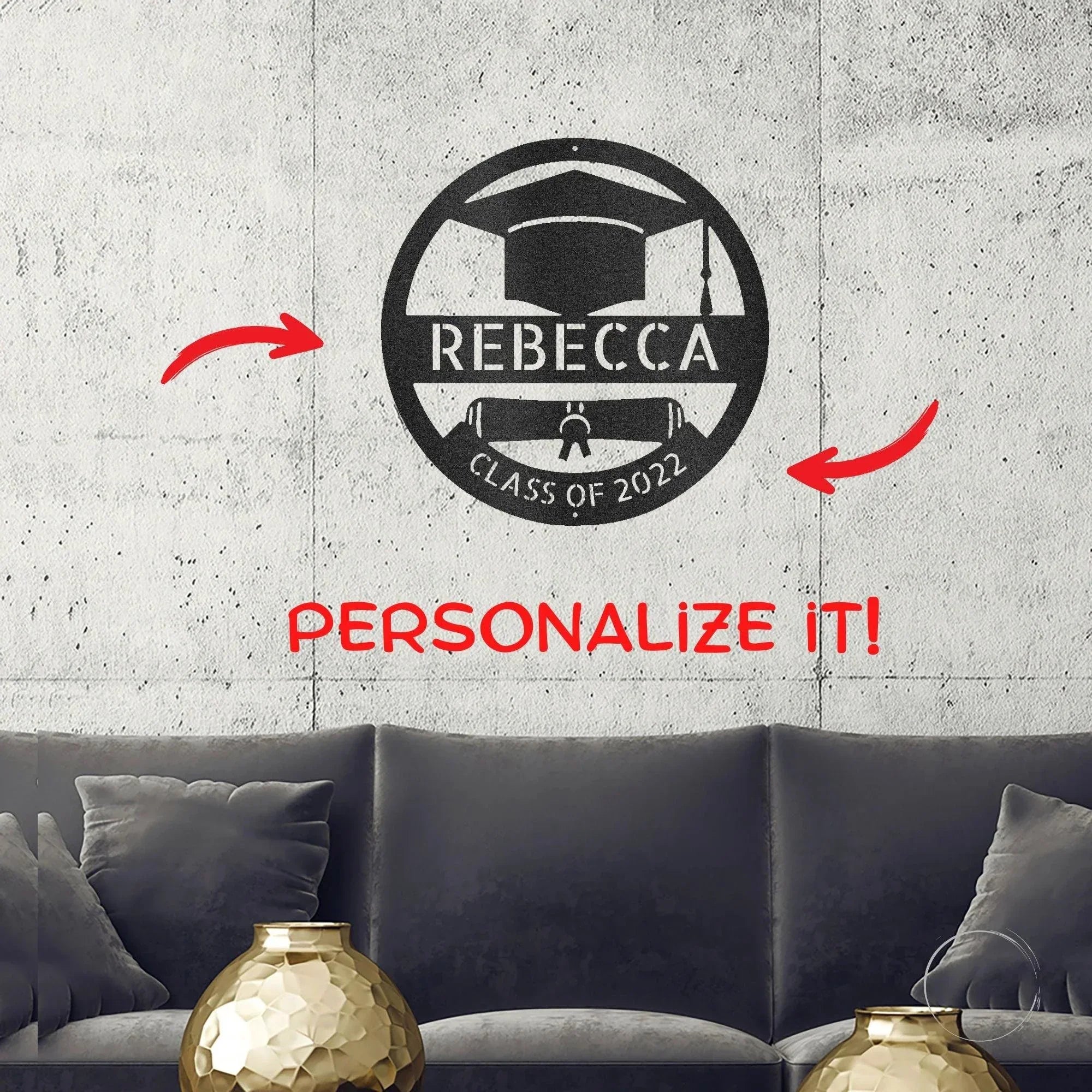 Graduation Cap and Diploma Custom Name Metal Art Wall Sign