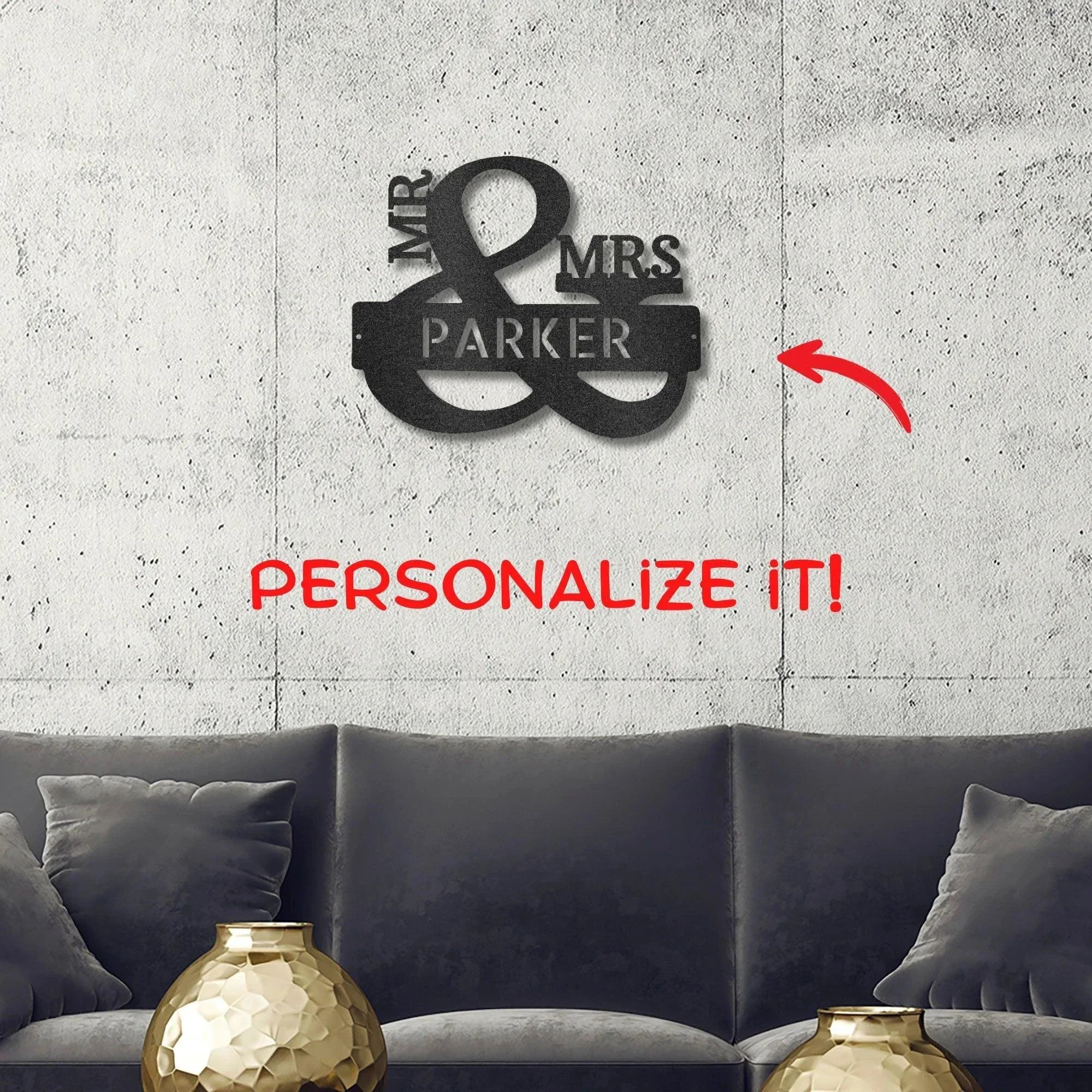 Couples Mr. and Mrs. Custom Name Monogram Indoor Outdoor Steel Wall Sign