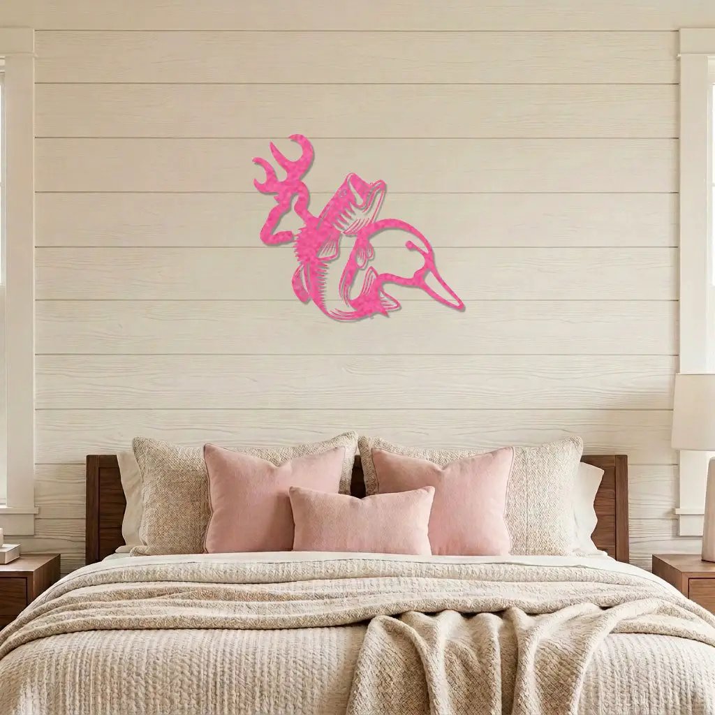 Hunting & Fishing Metal Wall Art – Deer, Duck and Bass Rustic Steel Sign