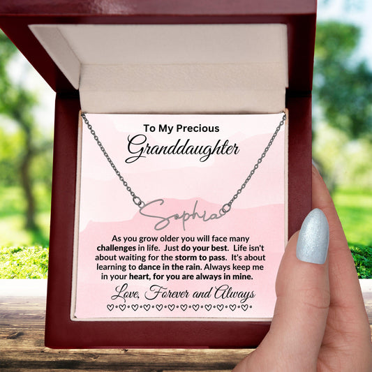 To My Precious Granddaughter Dance in the Rain Personalized Script Name Necklace - Mallard Moon Gift Shop