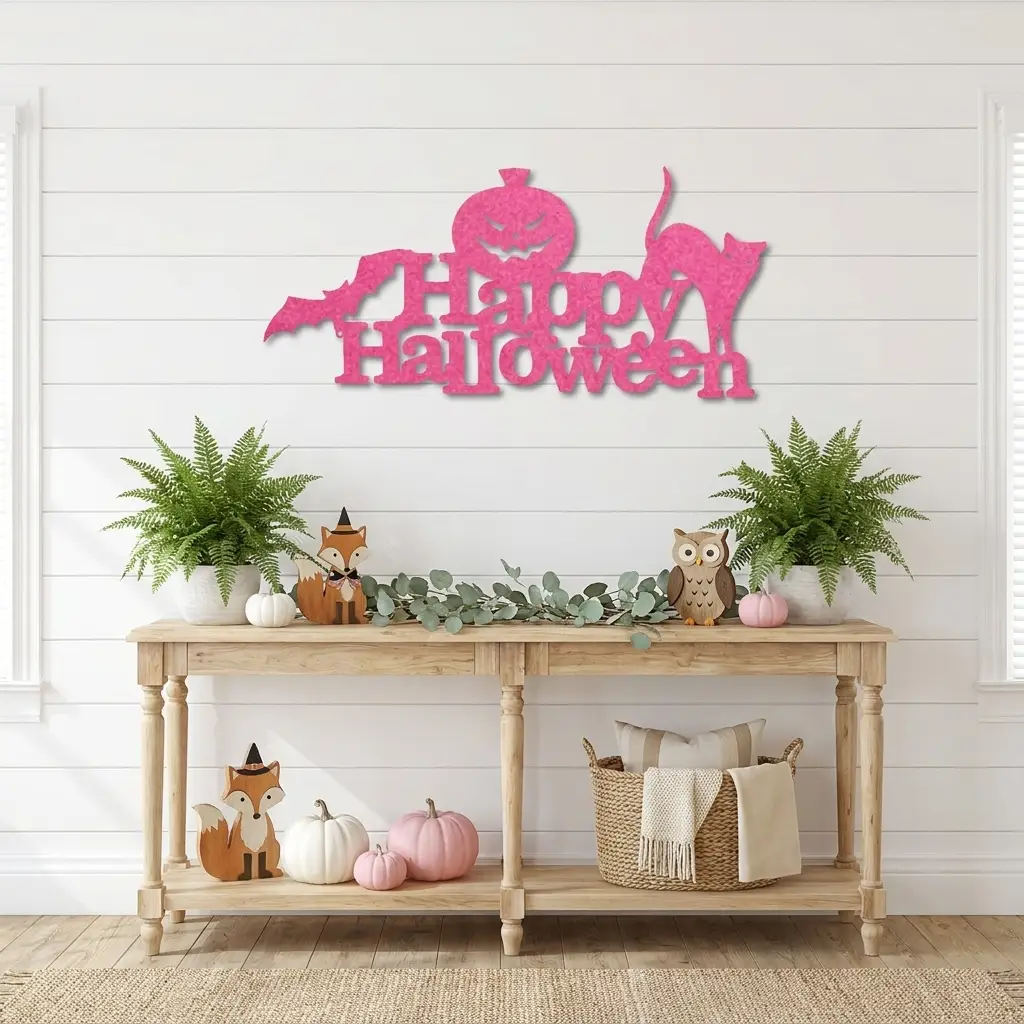 Happy Halloween Metal Wall Art Sign – Pumpkin Bat Cat Halloween Decor – Outdoor Powder Coated Steel Sign – Spooky Farmhouse Porch Decor