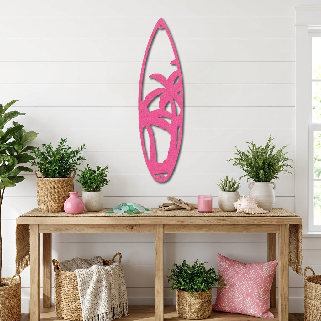 Palm Tree Surfboard Metal Wall Art | Tropical Coastal Beach Decor | Surfboard Shaped Metal Wall Hanging | Island & Ocean Home Decor | Made in USA