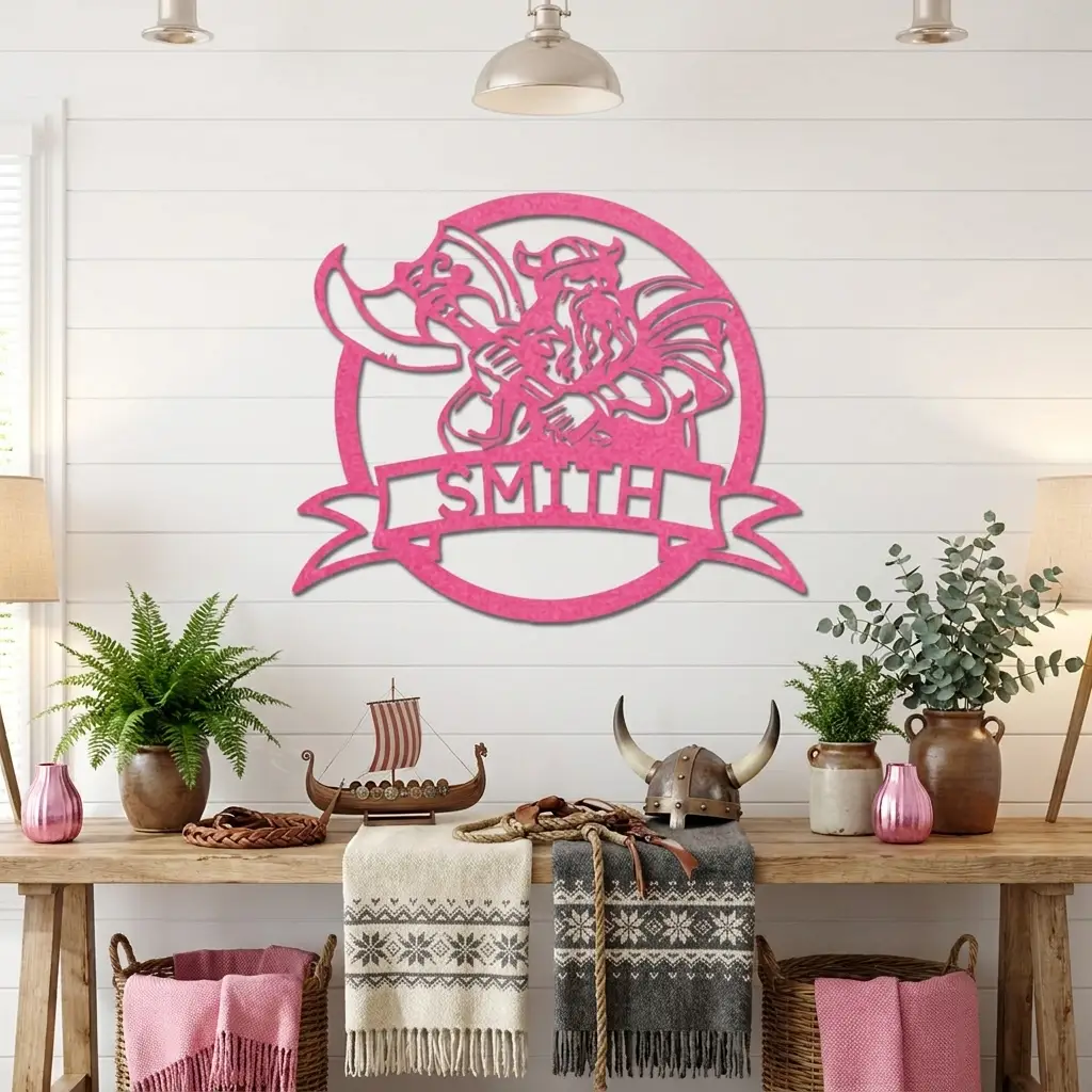 Fighting Viking Monogram Personalized Name Indoor Outdoor Steel Wall Sign Metal Man Cave Art