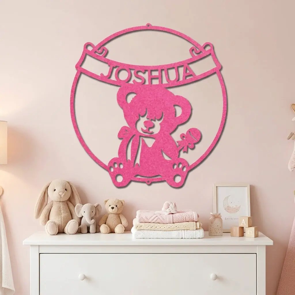 Personalized Baby Name Teddy Bear Metal Wall Art – Custom Nursery Name Sign – Laser Cut Steel Baby Room Decor – Baby Shower Gift