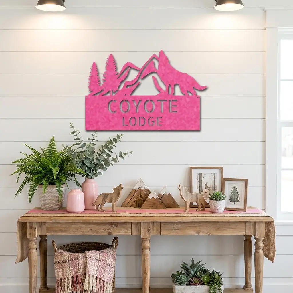 Coyote and Mountains Custom Name Metal Wall Sign