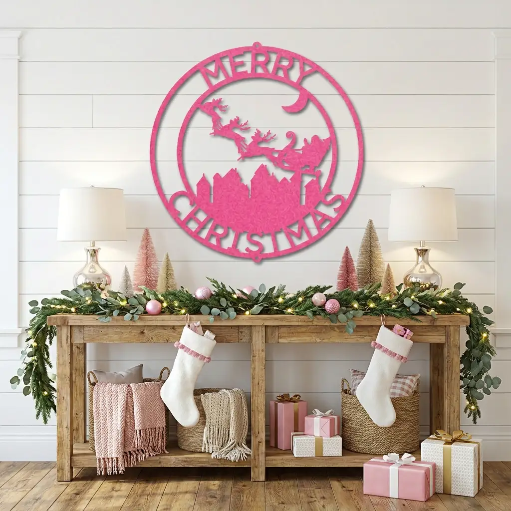 Personalized Santa Sleigh Flying Over Town Metal Wall Art – Custom Family Name Christmas Sign – Holiday Steel Décor (5 Sizes, 5 Colors)