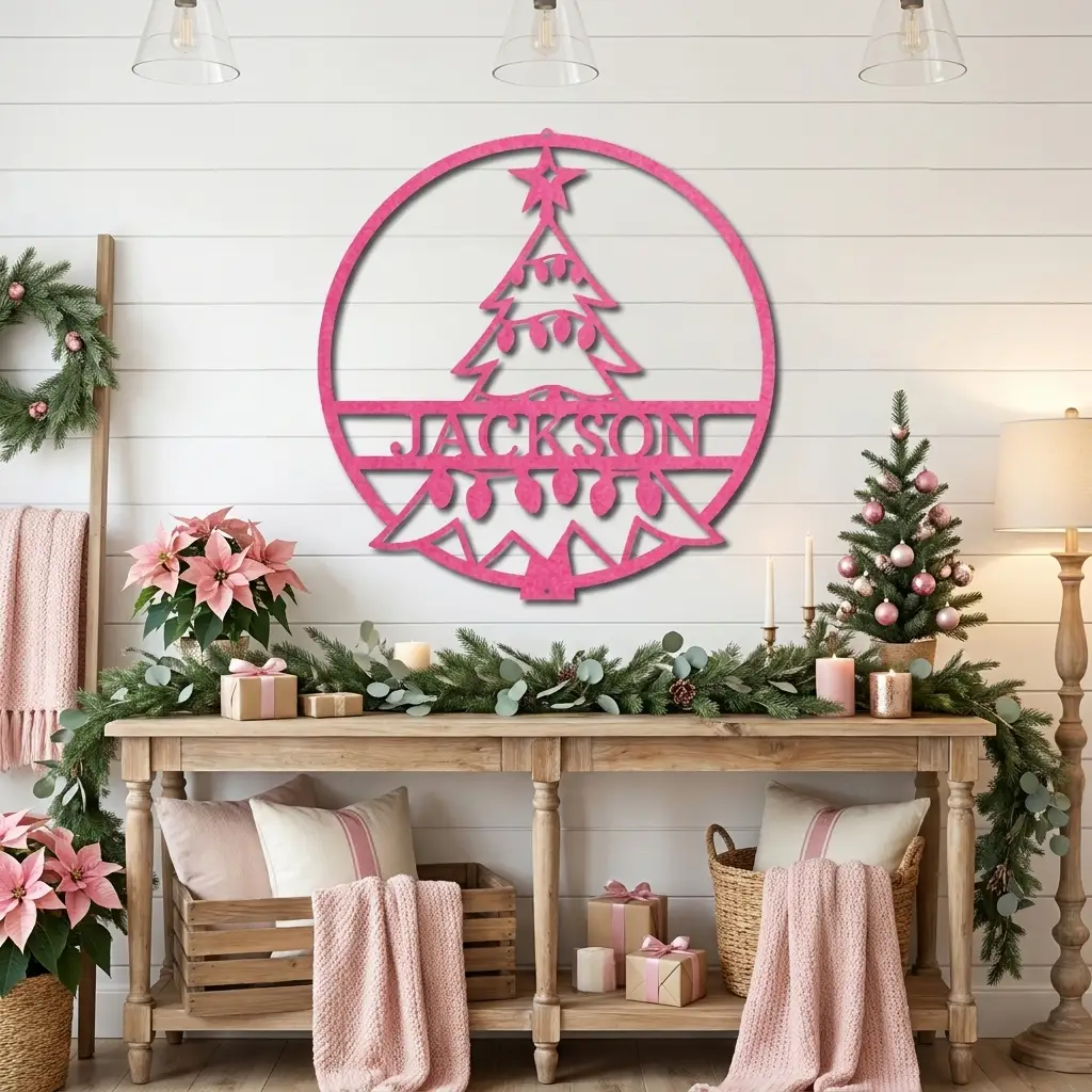 Personalized Christmas Tree Metal Wall Art – Custom Family Name Holiday Sign – Handmade Steel Décor (5 Sizes, 5 Colors)