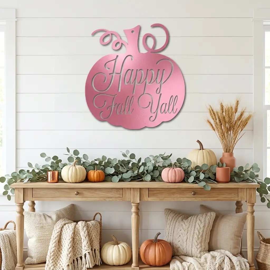 Happy Fall Y'all Pumpkin Metal Wall Art | Autumn Pumpkin Wall Decor | Rustic Farmhouse Fall Sign | Thanksgiving Porch & Entryway Decor | Seasonal Metal Wall Hanging | Made in USA