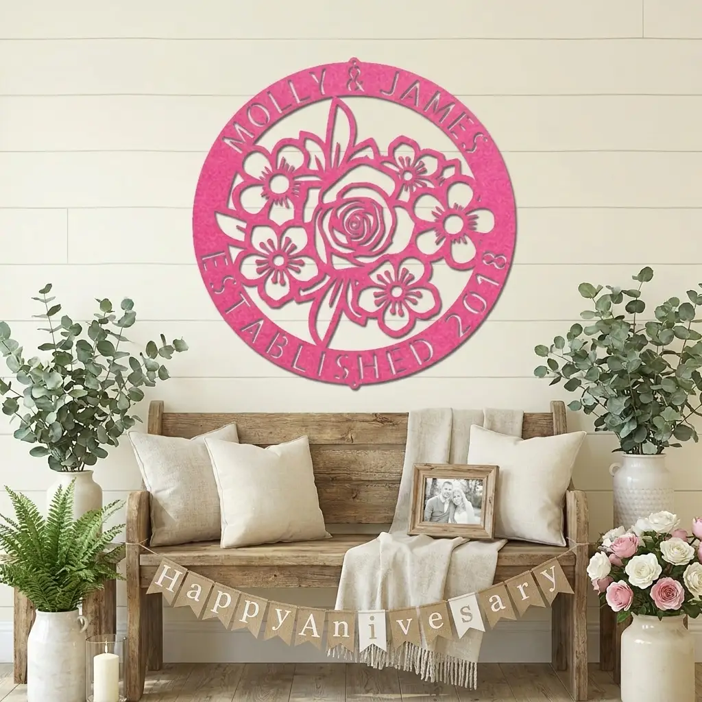 Personalized Floral Family Name Metal Sign | Custom Established Date Wall Art | Round Flower Monogram Steel Decor | Wedding, Anniversary & Housewarming Gift