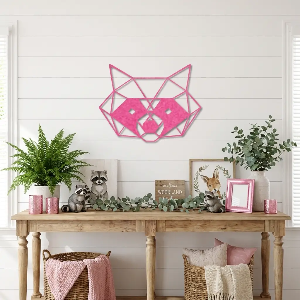 Geometric Raccoon Metal Wall Art – Modern Wildlife Steel Sign, Rustic Cabin Decor, Forest Animal Wall Hanging, Laser Cut Metal Art 12"–36"