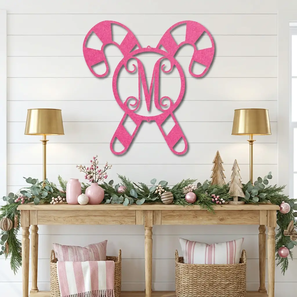 Personalized Candy Cane Monogram Metal Wall Art – Custom Initial Christmas Sign – Holiday Steel Décor (5 Sizes, 5 Colors)